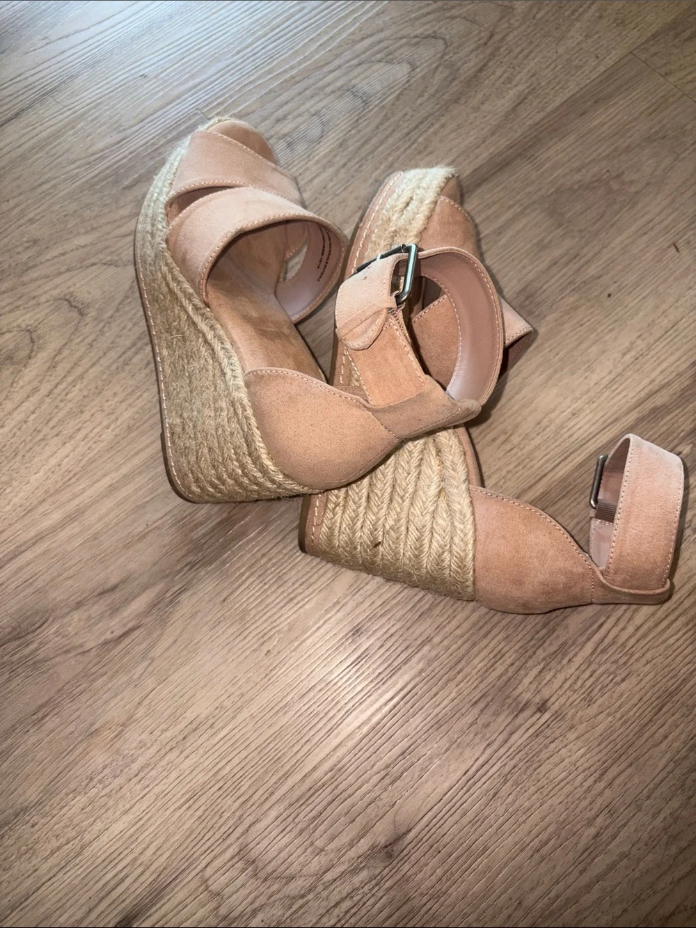 Women's Tan Suede Ankle-Strap Wedge Sandals espadrille rope pattern size 8.5 3in